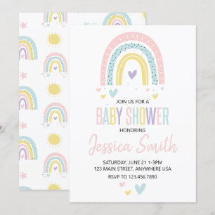 pastell regnbåge och hjärtan baby shower inbjudan