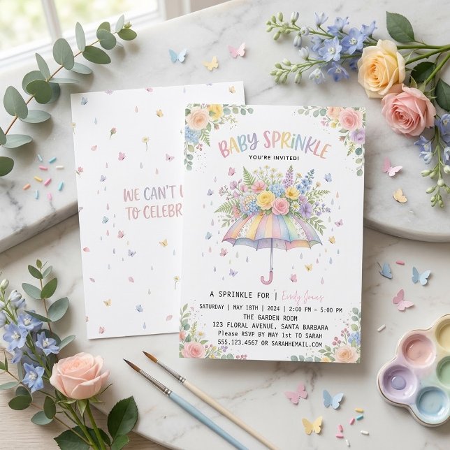 Pastell Regnbåge Paraply Blommig Baby Sprinkle Inbjudningar (Skapare uppladdad)