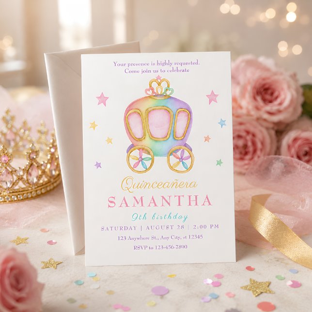 Pastell Regnbåge Prinsessa Vagn Quinceañera  Inbjudningar (Skapare uppladdad)