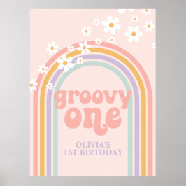 Pastell Regnbåge Retro Groovy Ett 1:a Födelsedag Poster