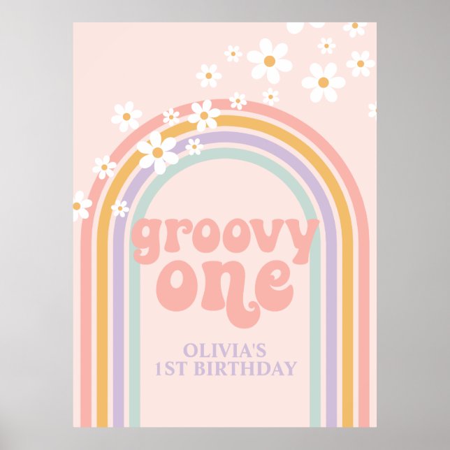 Pastell Regnbåge Retro Groovy  Ett 1:a Födelsedag Poster (Framsidan)