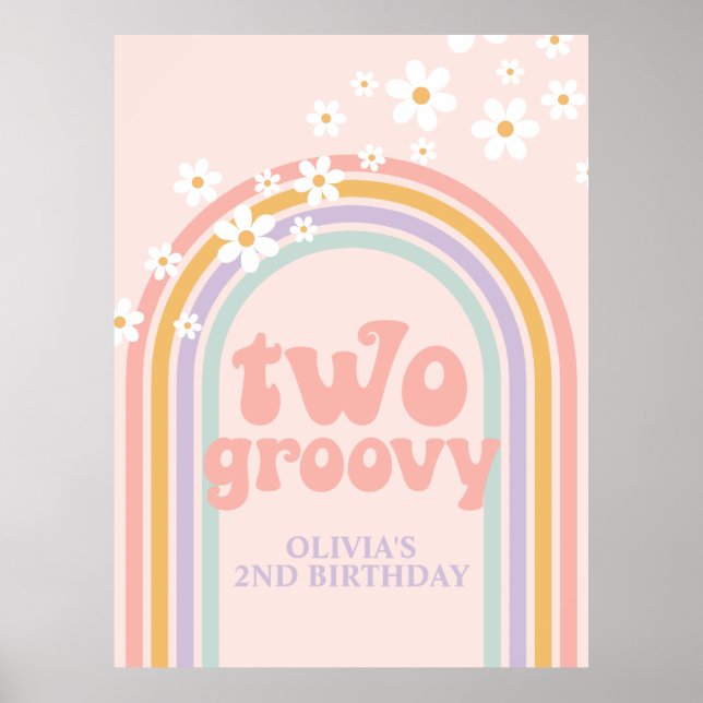 Pastell Regnbåge Retro Två Groovy 2-årsdag Poster (Framsidan)