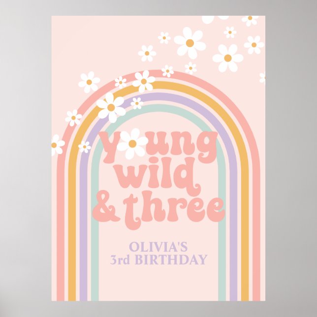 Pastell Regnbåge Retro Ung Vild Tre 3-årsdag Poster (Framsidan)