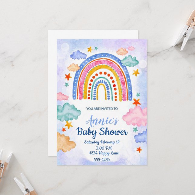 Pastell regnbåge ritad för hand inbjudningar (Fram/Back In Situ)