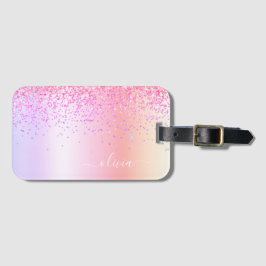 Pastell Regnbåge Rosa Guld Lila Glitter Monogram Bagagebricka