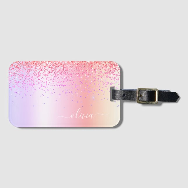 Pastell Regnbåge Rosa Guld Lila Glitter Monogram Bagagebricka (Framsida horisontal)