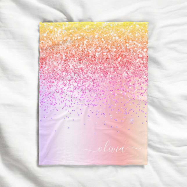 Pastell Regnbåge Rosa Guld Lila Glitter Monogram Fleecefilt (Skapare uppladdad)