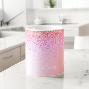 Pastell Regnbåge Rosa Guld Lila Glitter Monogram Kaffemugg