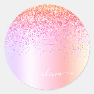 Pastell Regnbåge Rosa Guld Lila Glitter Monogram Runt Klistermärke