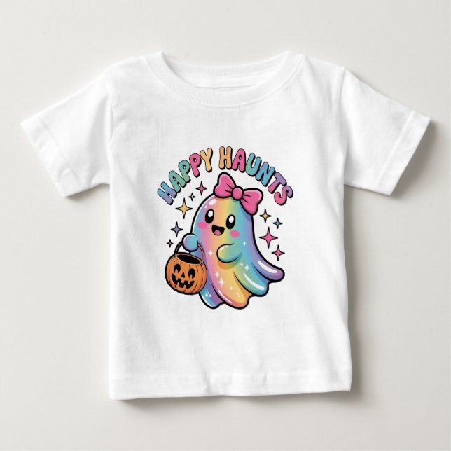 Pastell Regnbåge Spök T-Shirt – Kawaii Halloween  (Framsida)