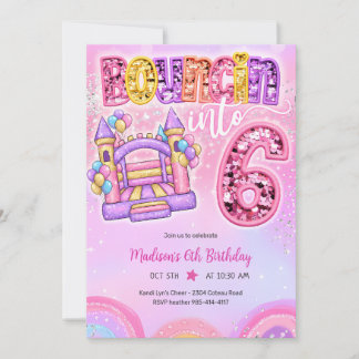 Pastell Regnbåge Studsmatta 6-årsdag Inbjudningar