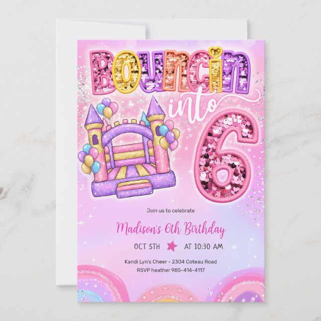 Pastell Regnbåge Studsmatta 6-årsdag Inbjudningar (Framsida)