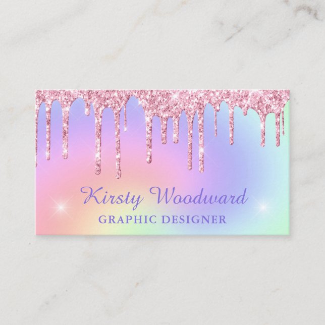 Pastell Regnbågsgradient & Rosa Droppande Glitter Visitkort (Framsida)