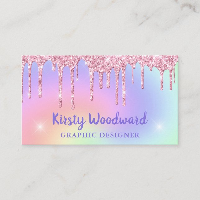 Pastell Regnbågsgradient & Rosa Droppande Glitter Visitkort (Framsida)