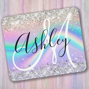 Pastell Regnbågsvåg Ombre Silver Glitter Monogram Musmatta