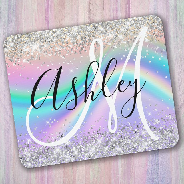 Pastell Regnbågsvåg Ombre Silver Glitter Monogram Musmatta (Skapare uppladdad)