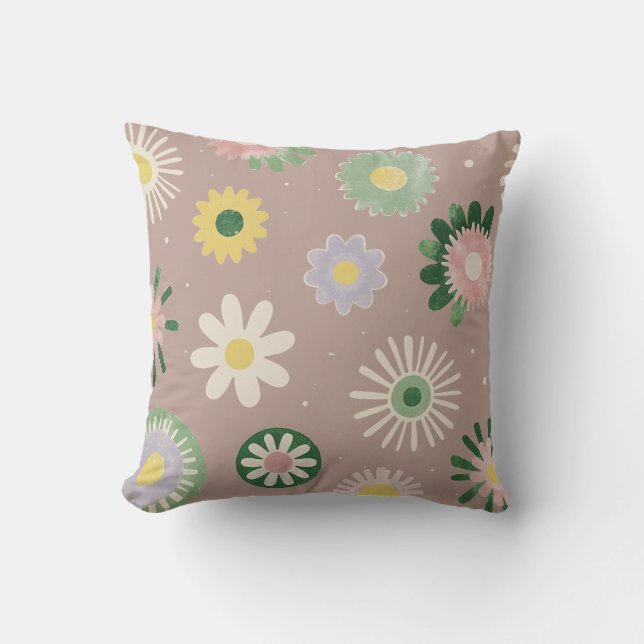 Pastell Retro Blommig Beige Kudd Kudde (Framsida)