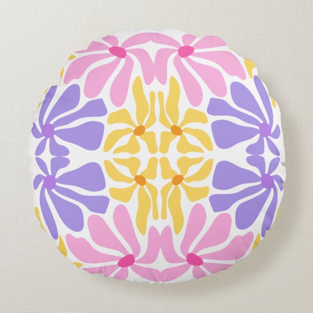 Pastell Retro Blommönster - Levande Kalejdoskopisk Rund Kudde (Framsidan)