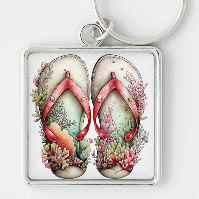 PASTELL RÖD & GRÖN SOMMAR FLIP FLOPS FYRKANTIG SILVERFÄRGAD NYCKELRING (Framsidan)
