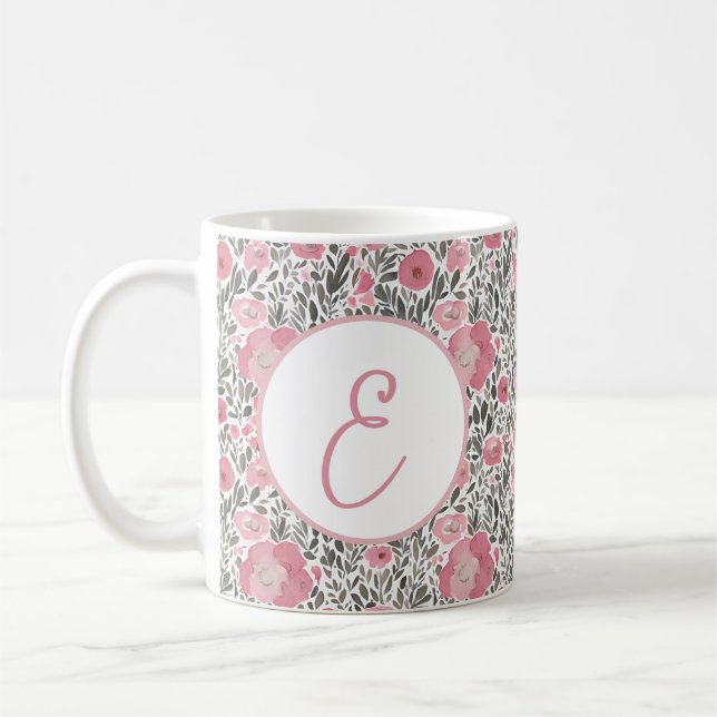 Pastell rosa akvarell blommig mönster monogram kaffemugg (Vänster)