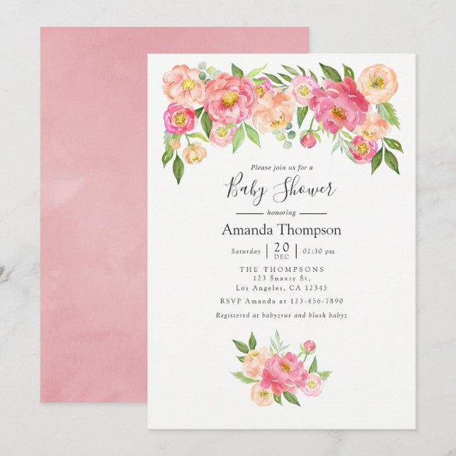 Pastell Rosa Akvarell Peonies Barnkalas Inbjudningar (Fram/baksida)