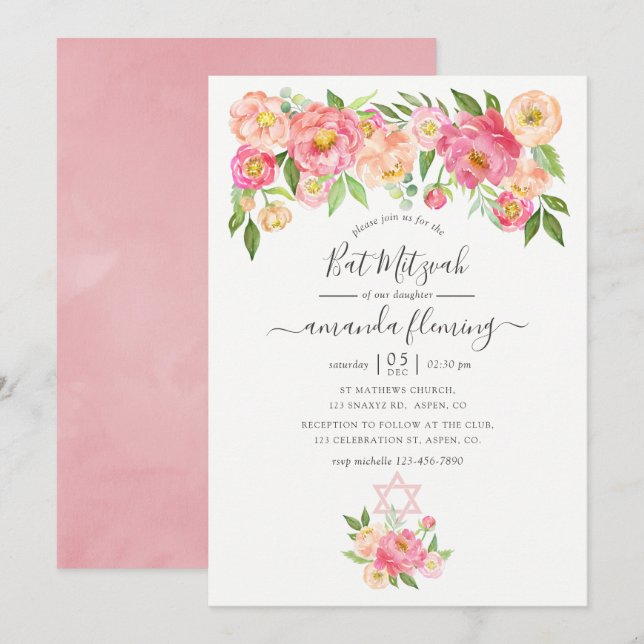 Pastell Rosa Akvarell Peonies Bat Mitzvah Inbjudningar (Fram/baksida)