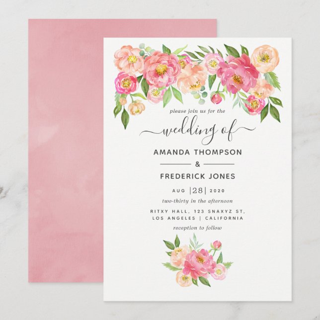 Pastell Rosa Akvarell Peonies Bröllop Inbjudningar (Fram/baksida)