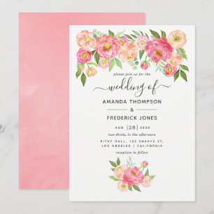Pastell Rosa Akvarell Peonies Bröllop Inbjudningar