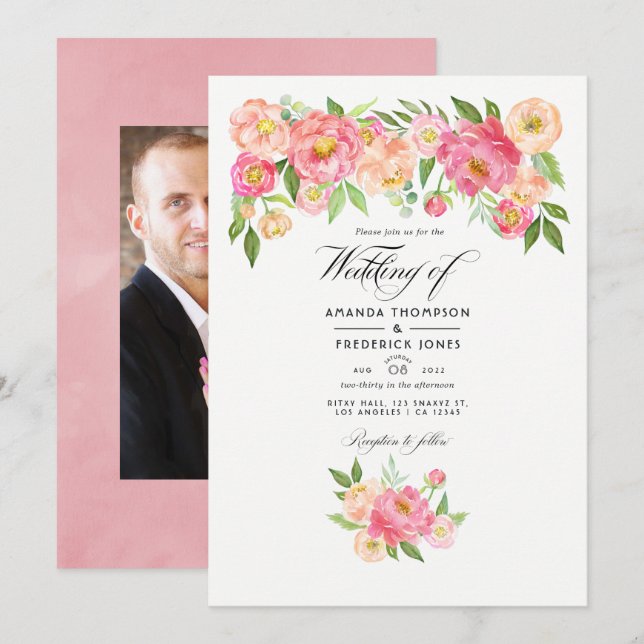 Pastell Rosa Akvarell Peonies Bröllopsfoto Inbjudningar (Fram/baksida)