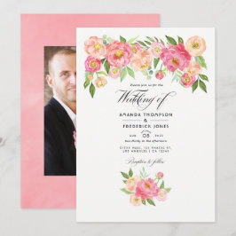 Pastell Rosa Akvarell Peonies Bröllopsfoto Inbjudningar