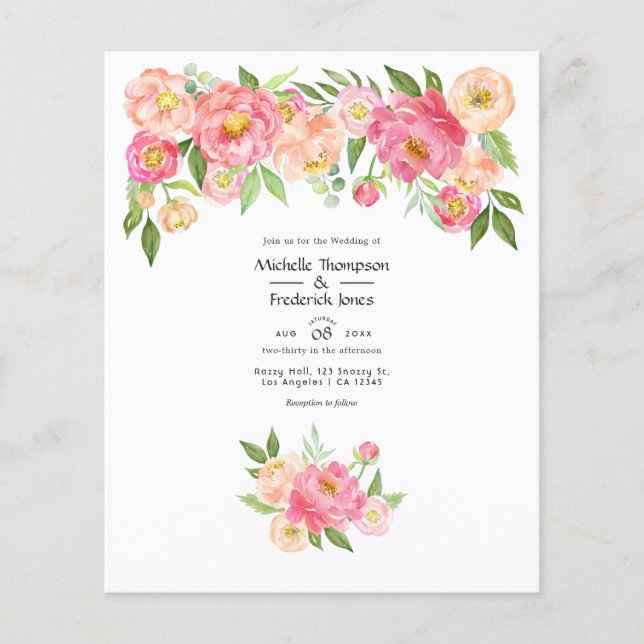 Pastell Rosa Akvarell Peonies Bröllopsinbjudan Flygblad (Framsidan)