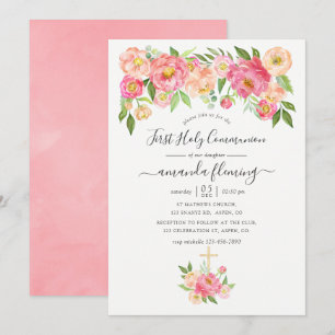 Pastell Rosa Akvarell Peonies Första Nattvarden Inbjudningar