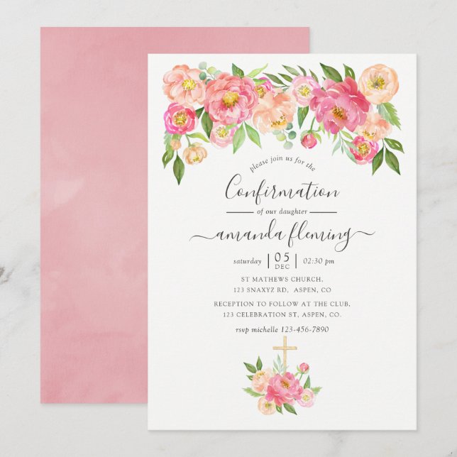 Pastell Rosa Akvarell Peonies Konfirmation Inbjudningar (Fram/baksida)