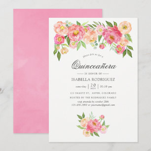 Pastell Rosa Akvarell Peonies Quinceañera Inbjudningar