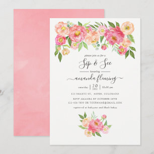 Pastell Rosa Akvarell Peonies Sip and See Inbjudningar