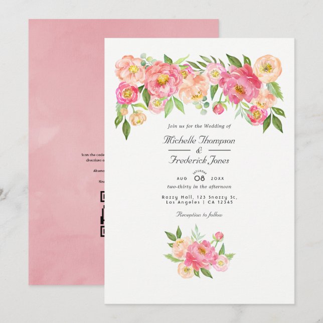 Pastell Rosa Akvarell Peony QR-kod RSVP Bröllop Inbjudningar (Fram/baksida)