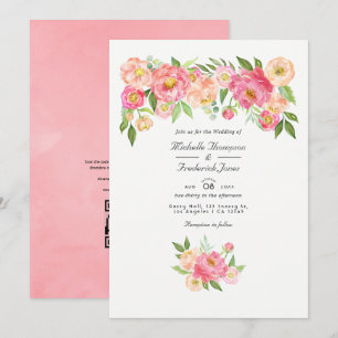 Pastell Rosa Akvarell Peony QR-kod RSVP Bröllop Inbjudningar