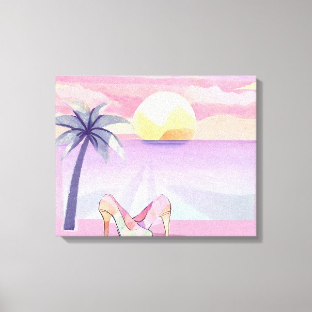 Pastell Rosa Akvarell Strand Solnedgång  Canvastryck (Framsida)