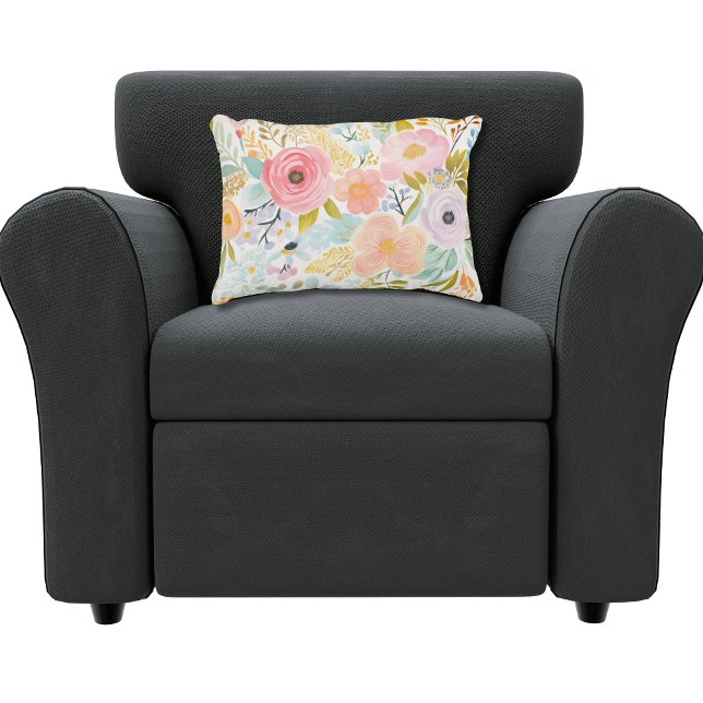 Pastell Rosa Blå Akvarell Blommig Botanisk Prydnadskudde (Watercolor Pastels Pink Blue Green Gold Brown Floral Botanical lumbar pillow. Bedroom pillow)