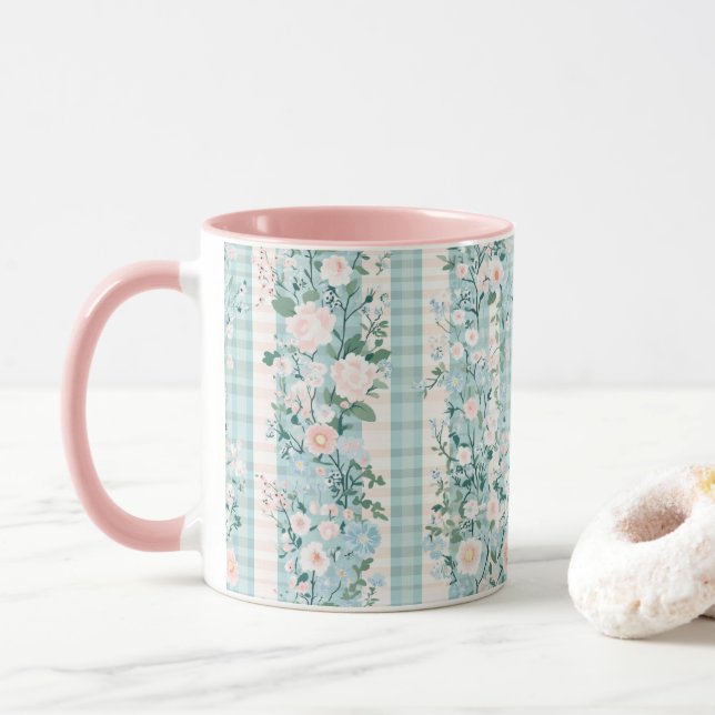 Pastell Rosa Blå Akvarell Blommor Rutigt  Mugg (Med munk)
