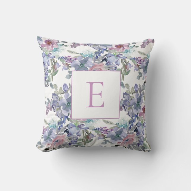 Pastell Rosa Blå Lila Blommor Vit Monogram Kudde (Framsida)