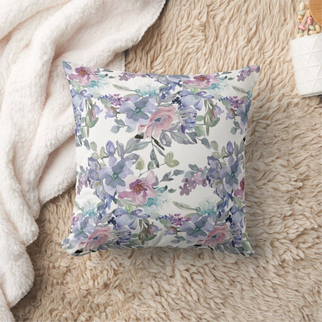 Pastell Rosa Blå Lila Blommor Vita Kudde (Filt)