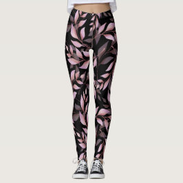Pastell Rosa Blad på Svart  Leggings