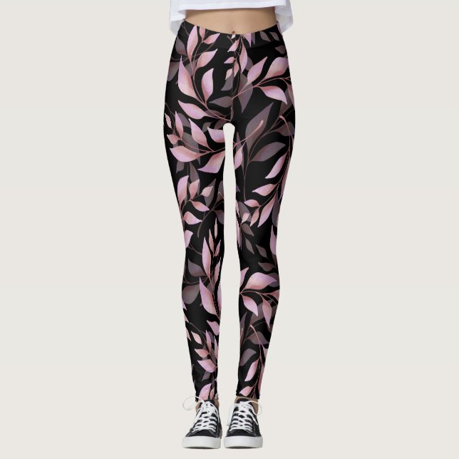 Pastell Rosa Blad på Svart  Leggings (Framsida)