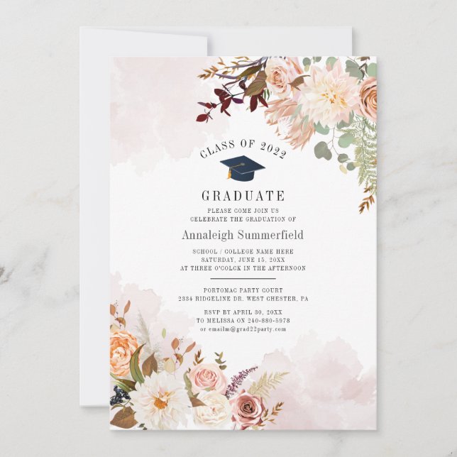 Pastell Rosa Blommig 2022 Examenstårtor Inbjudningar (Framsida)