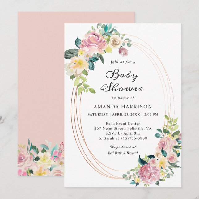Pastell Rosa Blommig Baby Shower Inbjudan (Fram/baksida)
