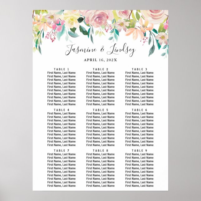 Pastell Rosa Blommig Bordplan för Bröllop med 9 Bo Poster (Framsidan)