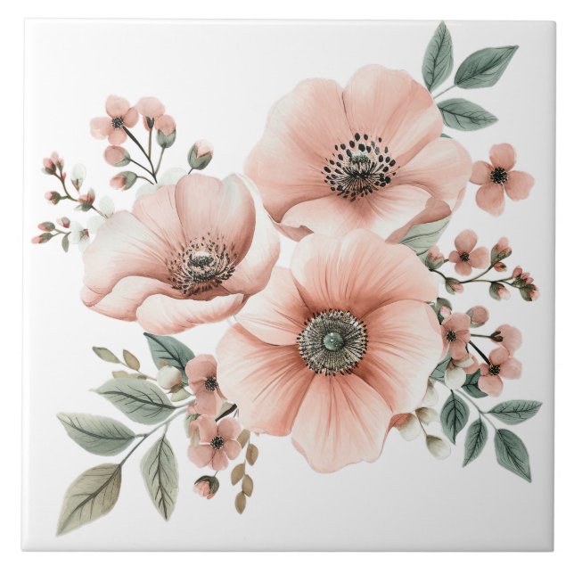Pastell Rosa Blommig Keramisk Kakel (Framsidan)