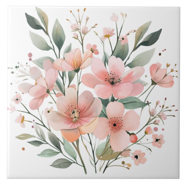 Pastell Rosa Blommig Keramisk Kakelplatta (Framsidan)