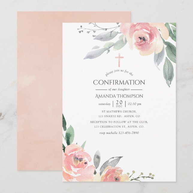 Pastell Rosa Blommig Konfirmation Inbjudningar (Fram/baksida)